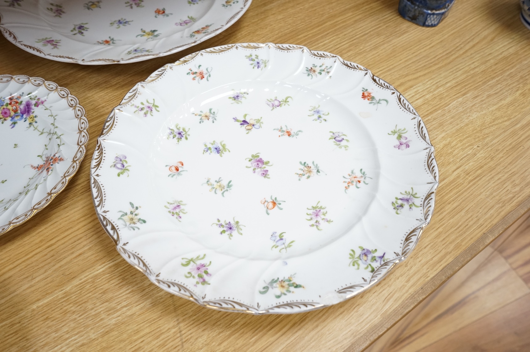 Eleven Dresden porcelain floral decorated plates(various sizes) and similar plate, two largest 31cm diameter.